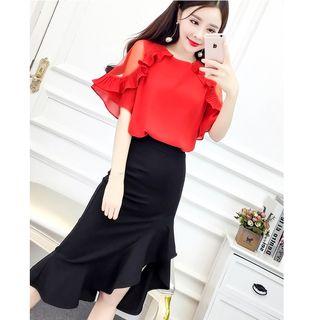 Set: Mesh Panel Pleated Trim Short Sleeve Chiffon Top + Ruffle Trim Midi Skirt