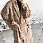Lapel Furry Long Coat With Sash