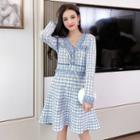 Long-sleeve Houndstooth Slim-fit Knit Dress