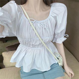 Plain Short-sleeve Square-neck Shirred Blouse