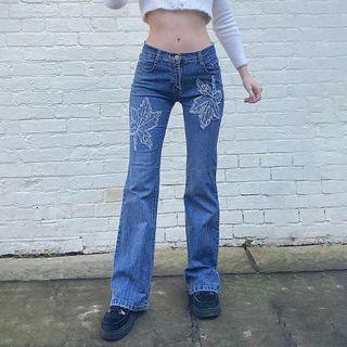 Mid Rise Maple Leaf Embroidered Straight Leg Jeans