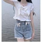 Short-sleeve Bow Accent Shirt / Lace Trim Denim Shorts