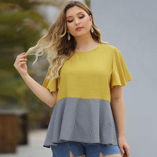 Plus Size Short-sleeve Plaid Panel Tunic Blouse