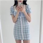 Bow-detail Square-neck Gingham Short-sleeve Dress Blue - One Size