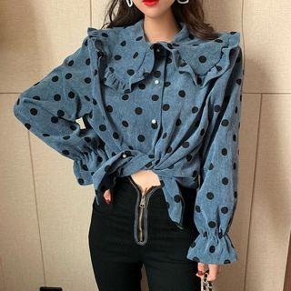 Frilled-collar Polka-dot Blouse Blue - One Size