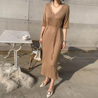 Laced V-neck Long Dress & Sash