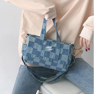 Plaid Denim Barrel Crossbody Bag