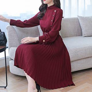 Pleated Balloon-sleeve Midi Dress