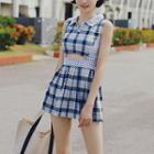 Set: Plaid Cut-out Sleeveless Swimdress + Swimshorts