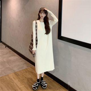 Crewneck Plain Striped Knit Long-sleeve Dress