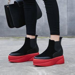 Genuine Leather Elastic Panel Platform Hidden Wedge Ankle Boots