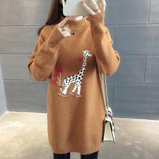 Giraffe Embroidered Mock-neck Long Sweater