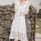 V-neck Fray Hem Lace Midi Dress