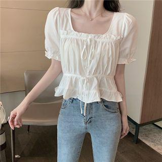 Short-sleeve Ribbon Top White - One Size