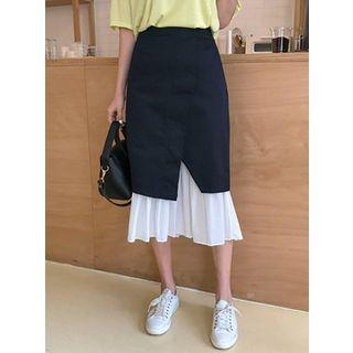 Inset Contrast-panel Midi Skirt Navy Blue - One Size