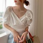 Puff-sleeve Tie Waist Plain Blouse