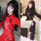 Emboridered Long-sleeve Bodycon Cheongsam Dress