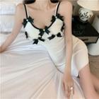 Spaghetti Strap Contrast-trim Bow Accent Slim-fit Dress