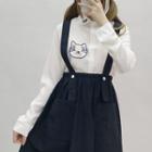 Cat Embroidered Shirt / Short-sleeve Blouse / Midi Suspender Skirt