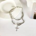 Cross Chain Layered Necklace Silver - One Size