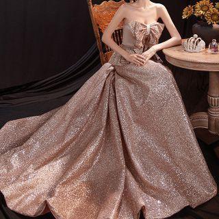 Strapless Bow Glittered Evening Gown