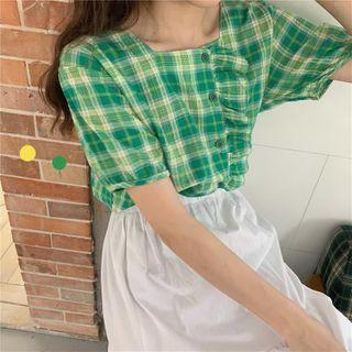 Square-neck Ruffle Trim Plaid Blouse