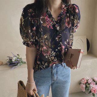 Frilled-neck Pintuck-trim Floral Blouse