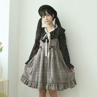 Frilled Glen-plaid Overall Dress Brown - One Size