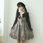 Frilled Glen-plaid Overall Dress Brown - One Size