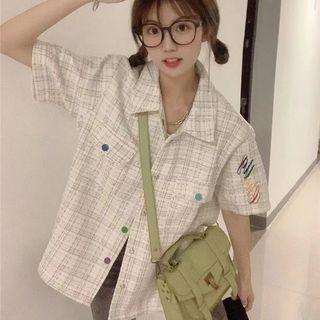 Short-sleeve Tweed Lettering Shirt Jacket
