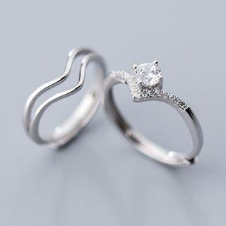 925 Sterling Silver Rhinestone / Wavy Layered Open Ring