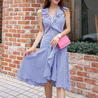 Gingham Sleeveless Ruffle A-line Dress