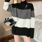 Striped Turtleneck Sweater Black & White & Gray - One Size