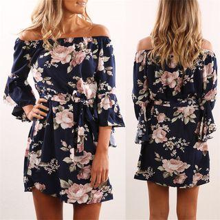 3/4-sleeve Off-shoulder Floral Dress