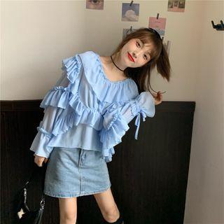 Long-sleeve Ruffled Chiffon Top Light Blue - One Size