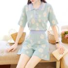 Set: Elbow-sleeve Floral Knit Polo Shirt + Wide-leg Shorts Green - One Size