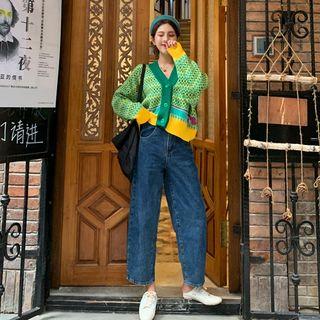 Color-block V-neck Cardigan / High-waist Jeans
