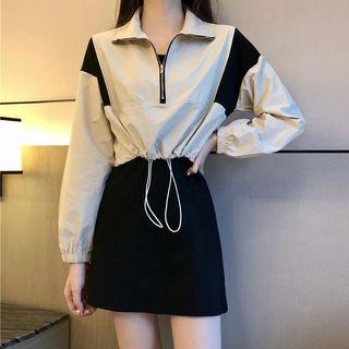 Set: Color-panel Cropped Sweatshirt + Spaghetti Strap Mini Dress