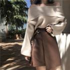 Off-shoulder Sweater / Faux Leather Tie-waist Mini A-line Skirt