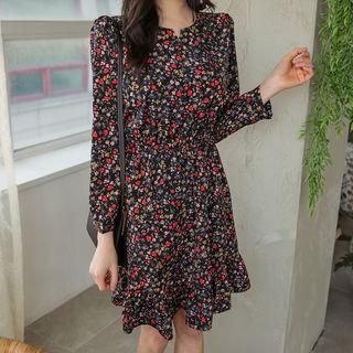 Gathered-waist Ruffle-hem Floral Dress