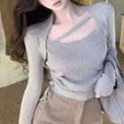 Mock Two-piece Knit / Side-slit High-waist Pants