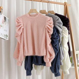 Crewneck Plain Velvet Puff-sleeve Top