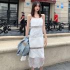 Lace Sleeveless Dress / Blazer / Printed Letter Scarf + Brooch