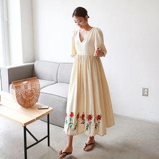 Elbow-sleeve Floral Embroidered A-line Maxi Dress