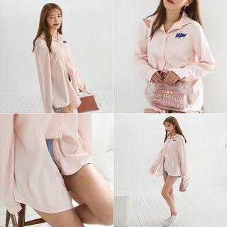 Cutout-shoulder Lettering Shirt