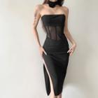 Strapless Mesh Panel Slit Midi Sheath Dress