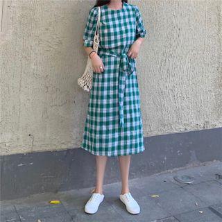 Tie-waist Plaid Short-sleeve Midi A-line Dress Plaid - One Size