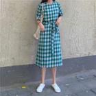 Tie-waist Plaid Short-sleeve Midi A-line Dress Plaid - One Size
