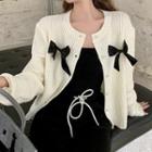 Bow Accent Cardigan / Front-slit Straight-fit Pants