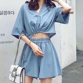 Set: Elbow-sleeve Drawstring Top + Wide-leg Shorts